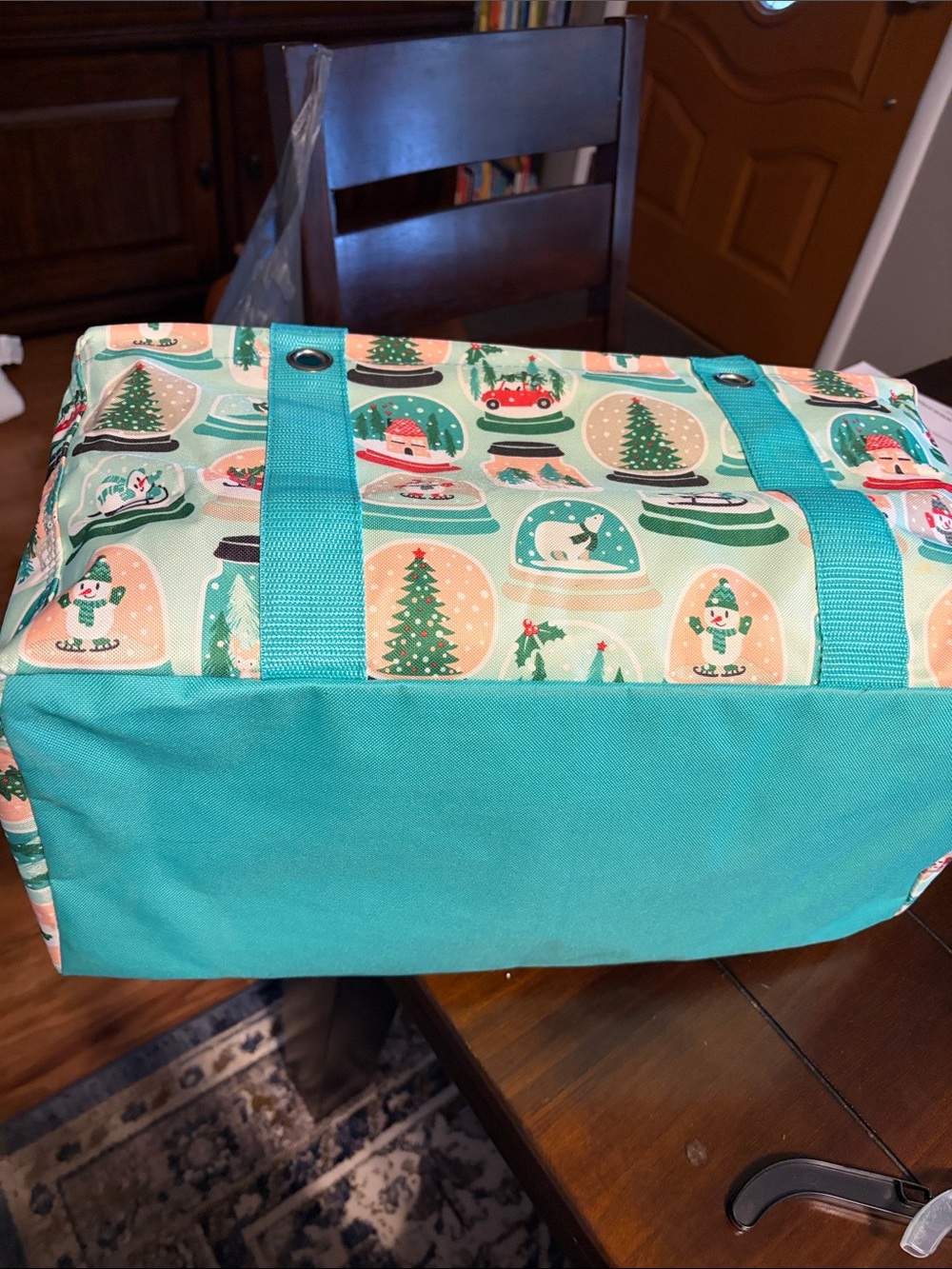 Holiday Snow Globe Tote - Aqua Handles - Picture 2 of 6